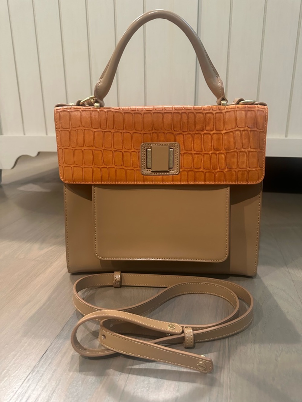 Charles Jourdan Two-Tone Tan and Orange Croc-Effect Top-Handle Satchel